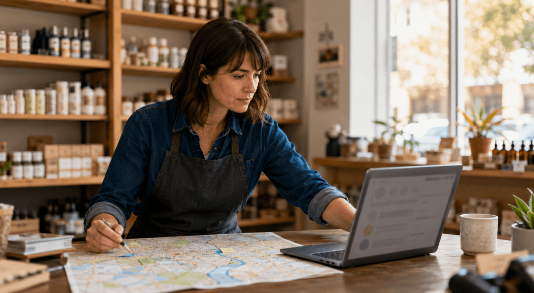 A small business owner cross-referencing business directory listings against a printed local map