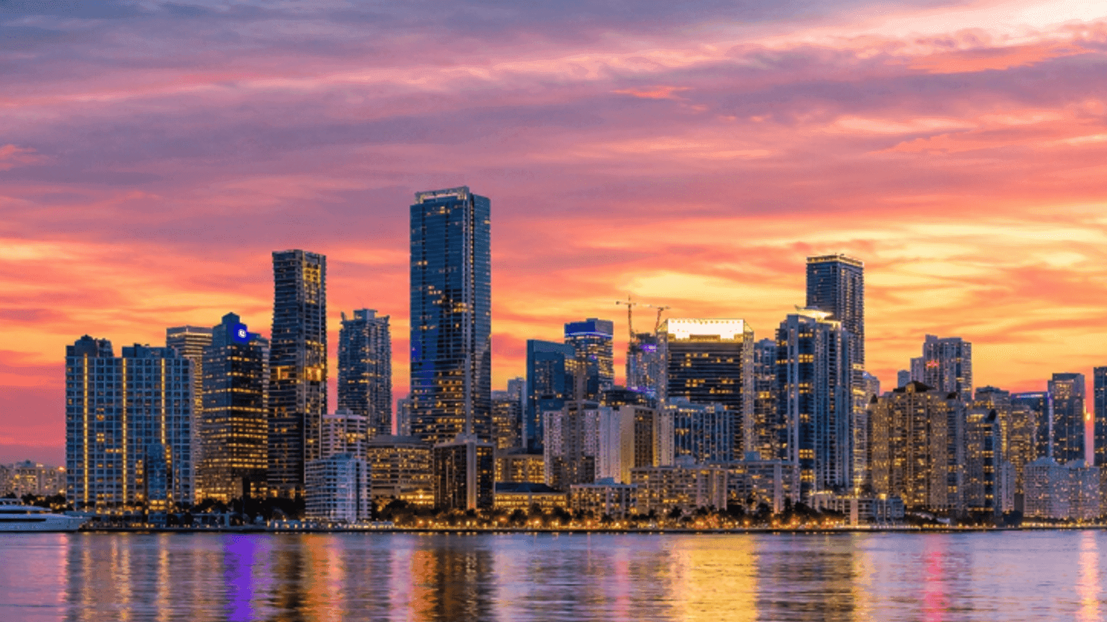Downtown Miami, Florida skyline at dusk over Biscayne Bay