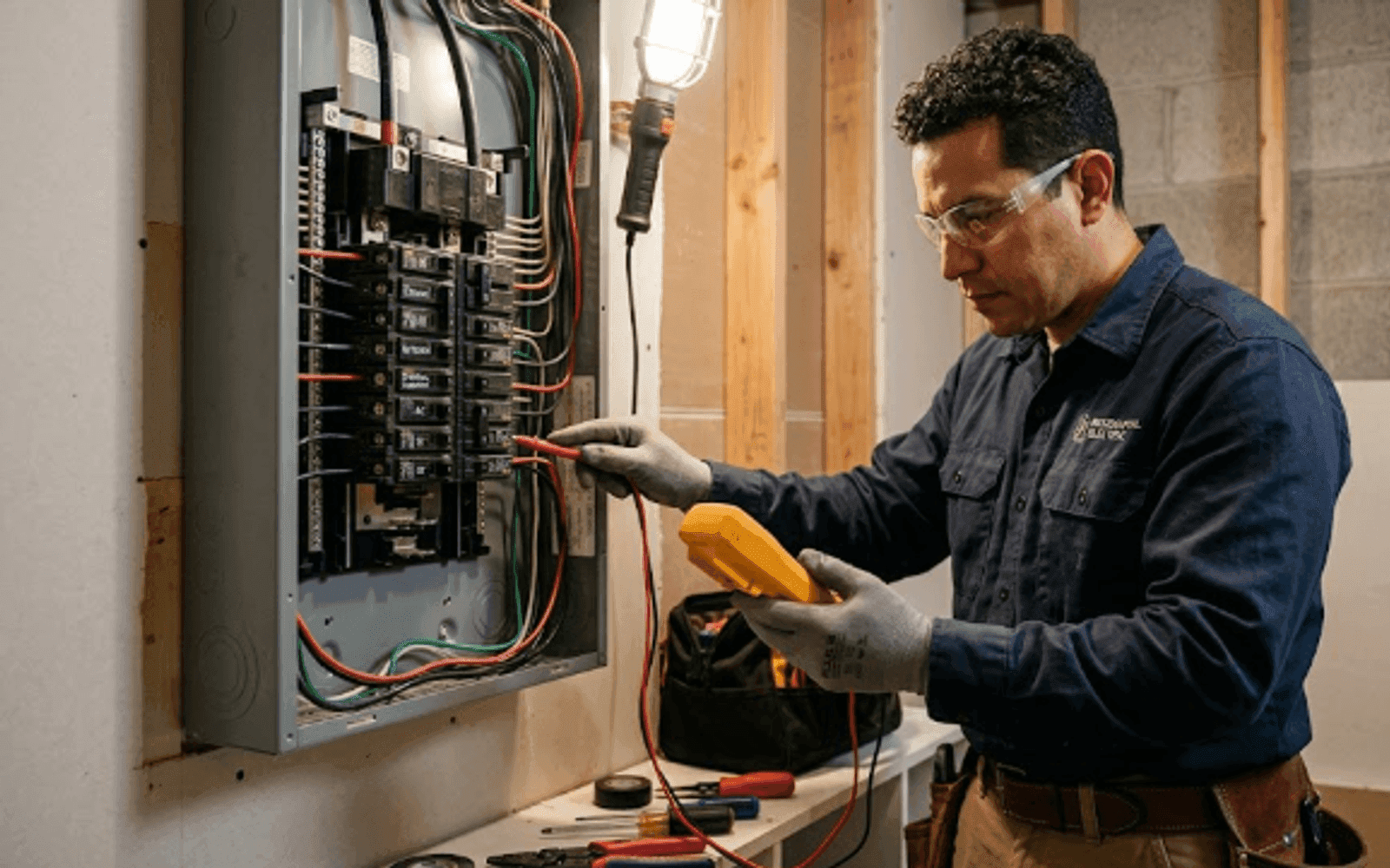 Electrician working on an open electrical panel in a US home