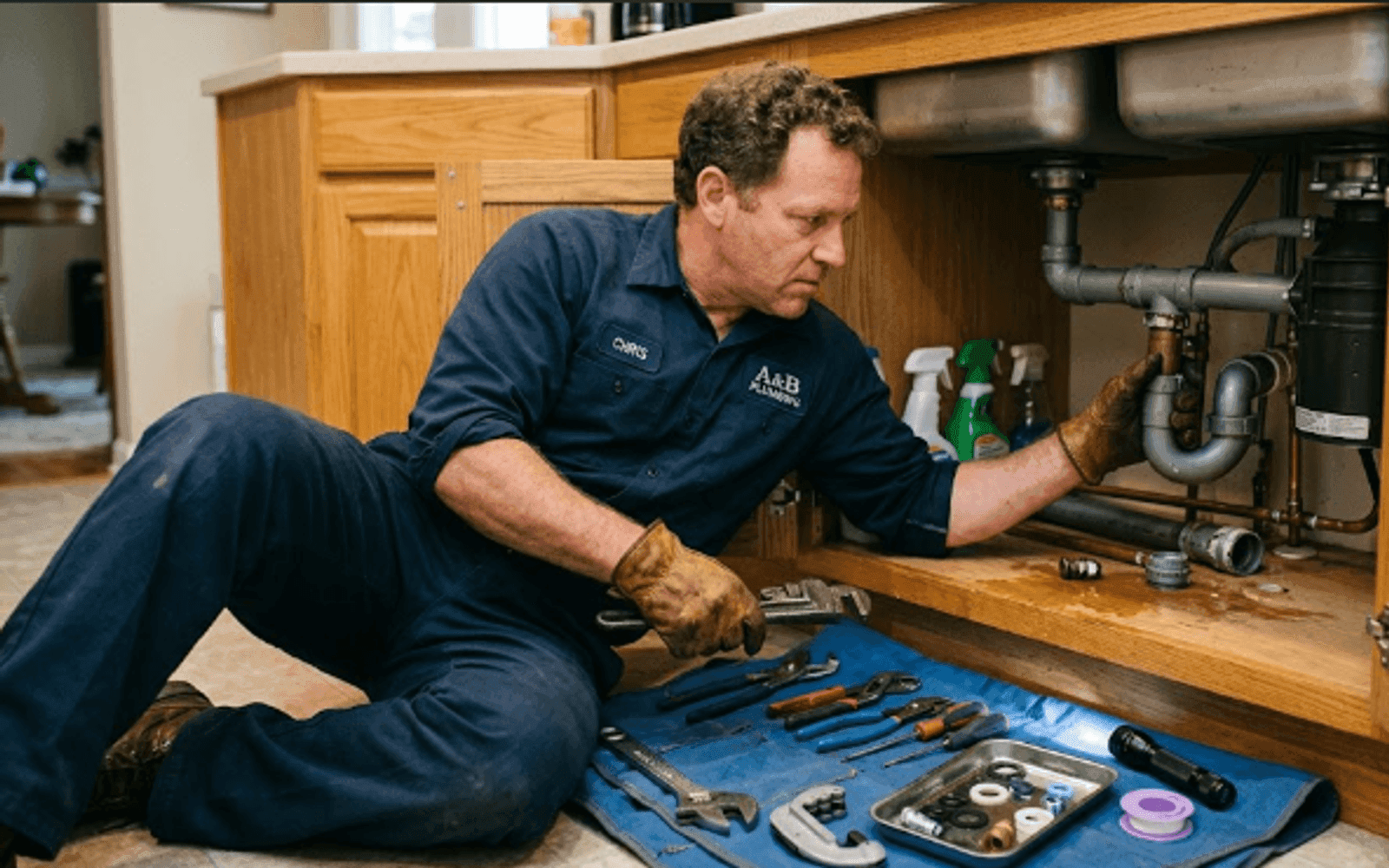 Plumber repairing pipes under a kitchen sink in a US home