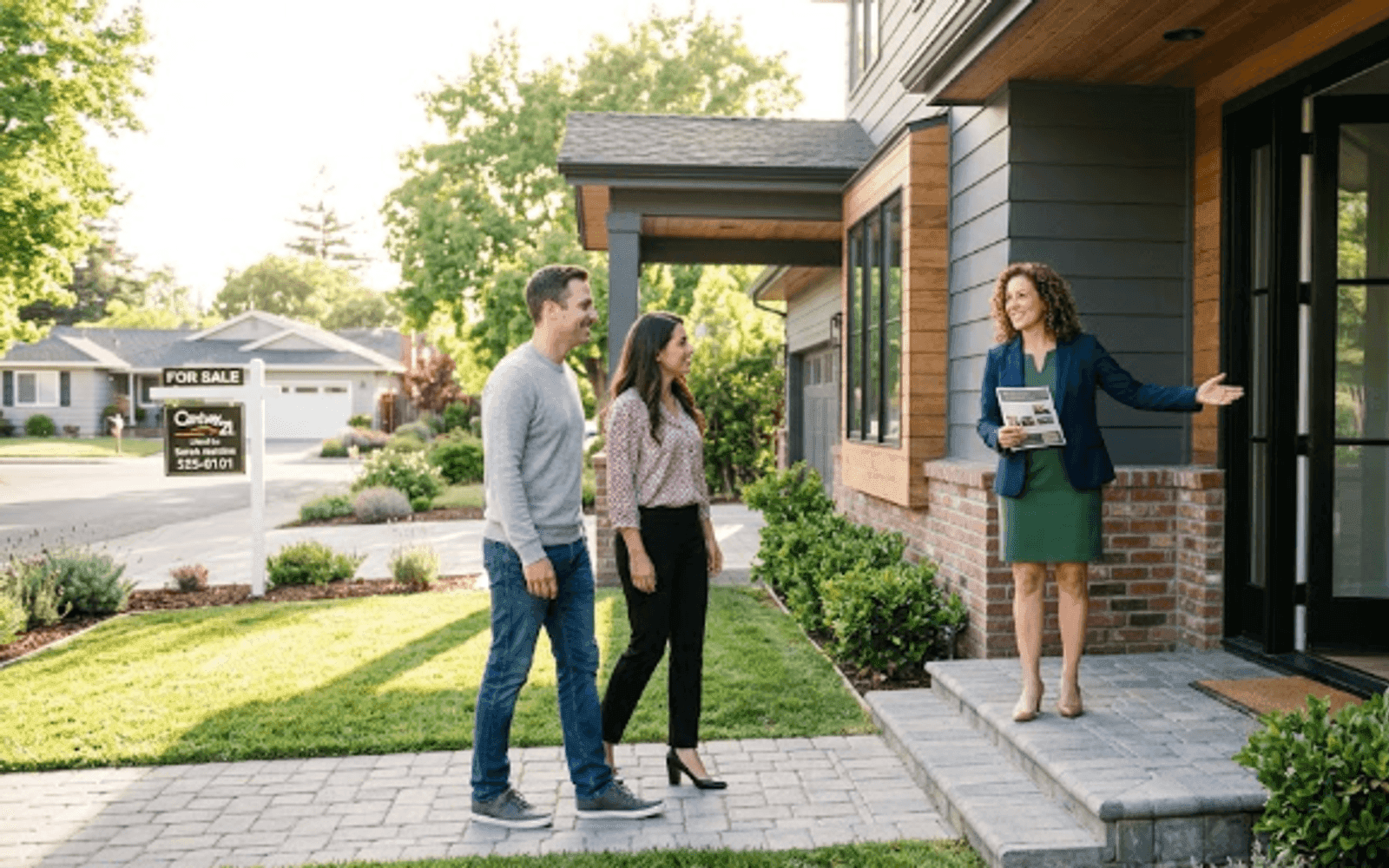Real estate agent showing a modern US suburban home to a couple