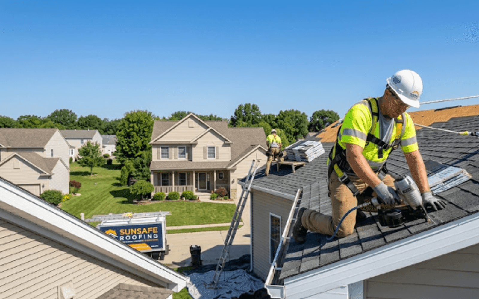 Roofing contractor installing shingles on a residential US roof