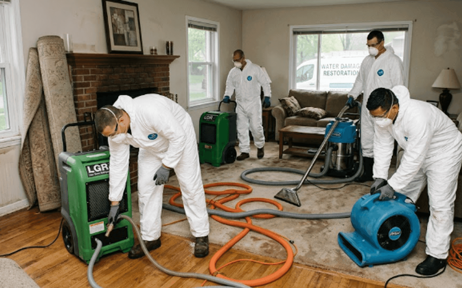 Water damage restoration crew running industrial drying equipment in a US home