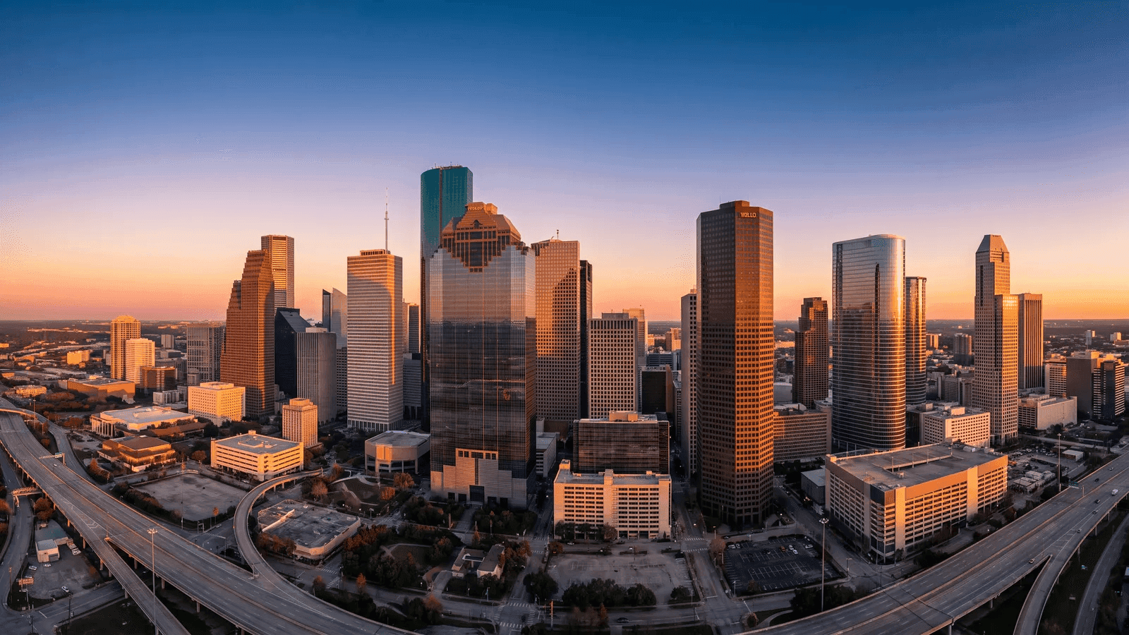 Downtown Houston, Texas skyline at golden hour