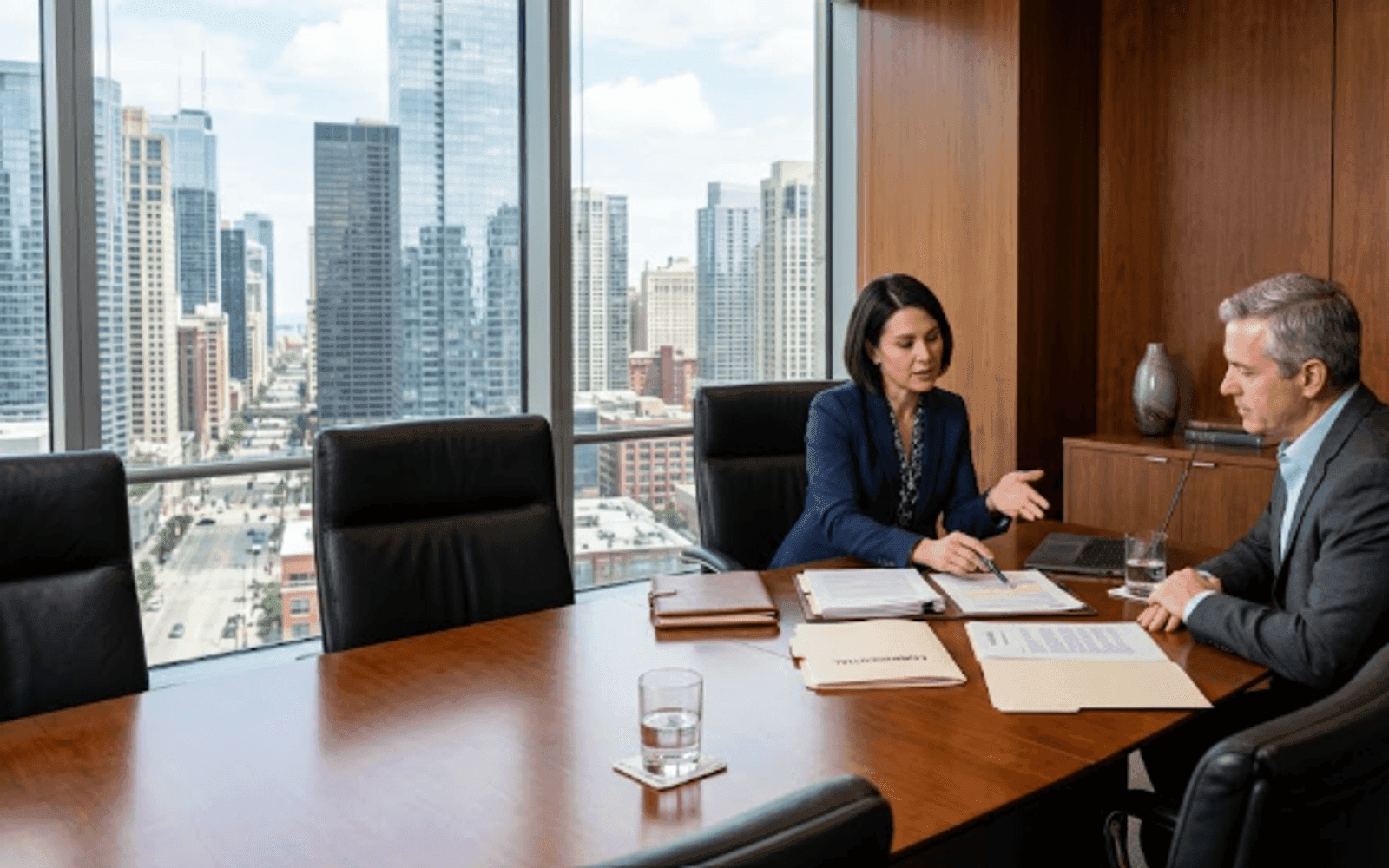 US law firm consultation room with an attorney reviewing documents with a client