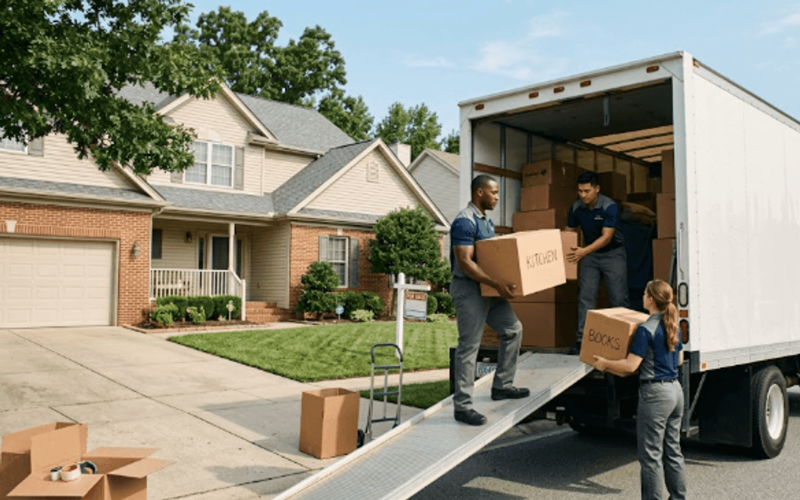 Professional movers loading boxes into a moving truck outside a US home